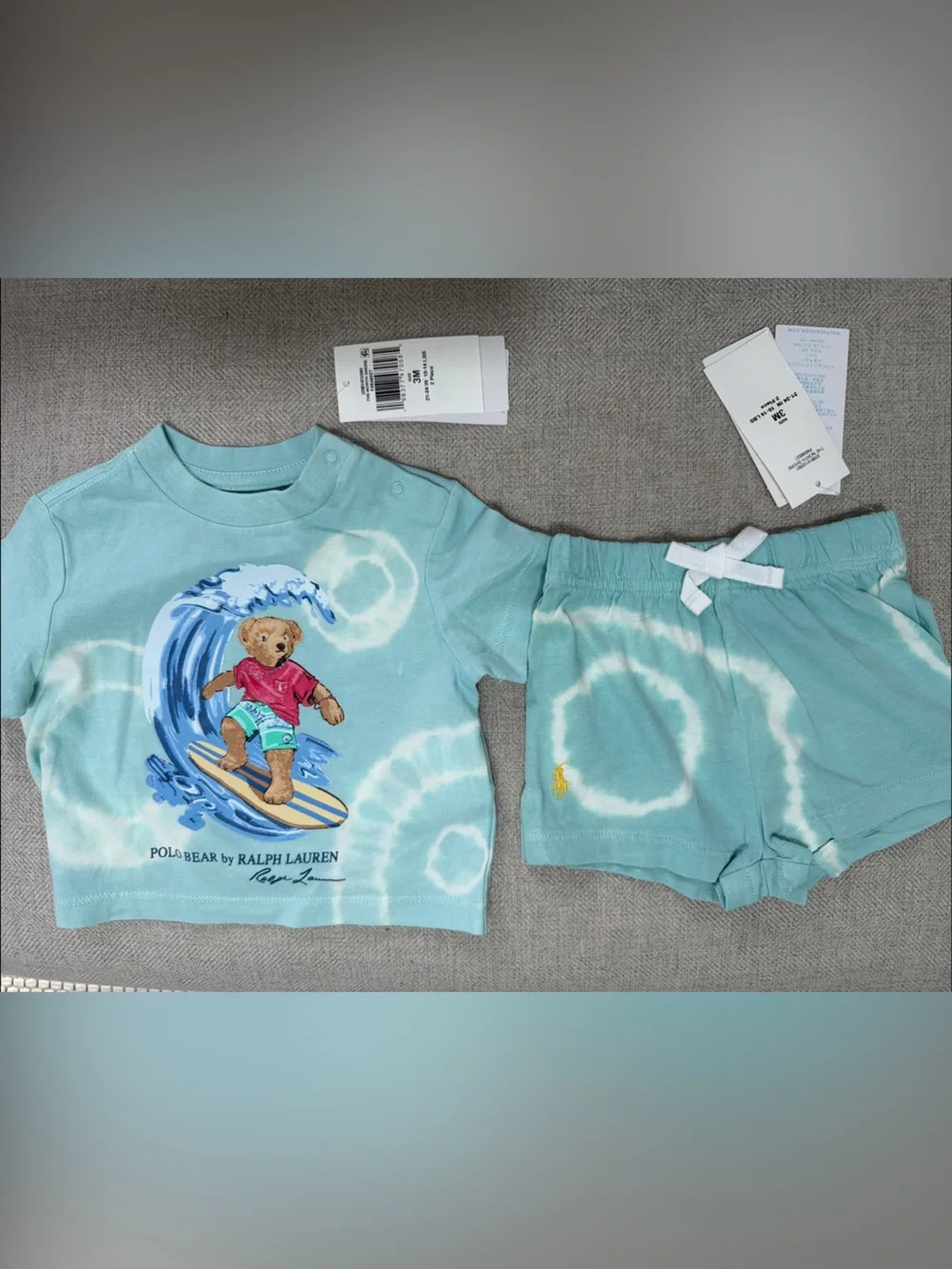 Ralph Lauren Aqua Tie-Dye Polo Bear Surf Tee & Shorts 3M